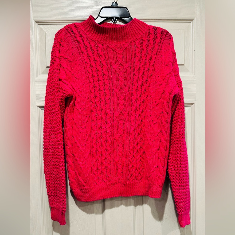 VINTAGE PASTA 80s Pink Sweater with Mock Neck, Cable Knit